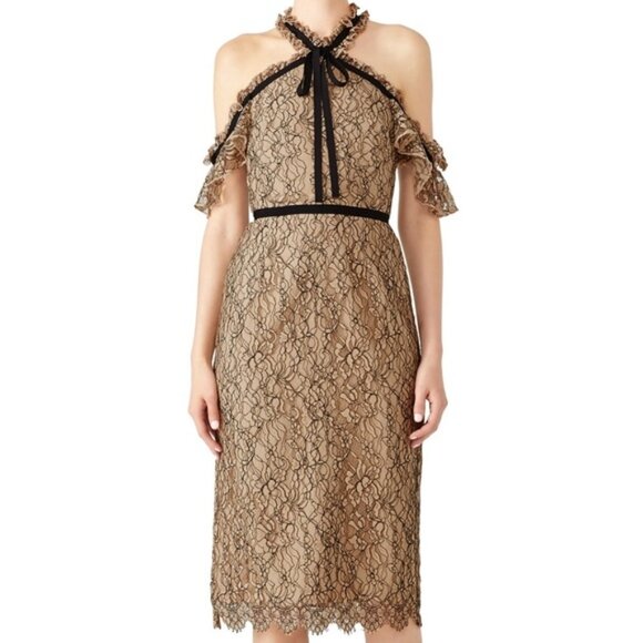 SHOSHANNA Nude Aleah Lace Cold Shoulder Dress 2 Beige Black Tie Bow - Picture 2 of 7